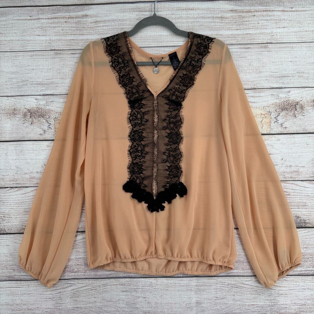 BKE‎ Boutique Lace V-Neck Semi Sheer Blouse Women's Size Small Peach/Pink/Black